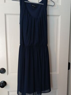 Navy Blue Lined Sleeveless Dress with Striped Elastic Belt